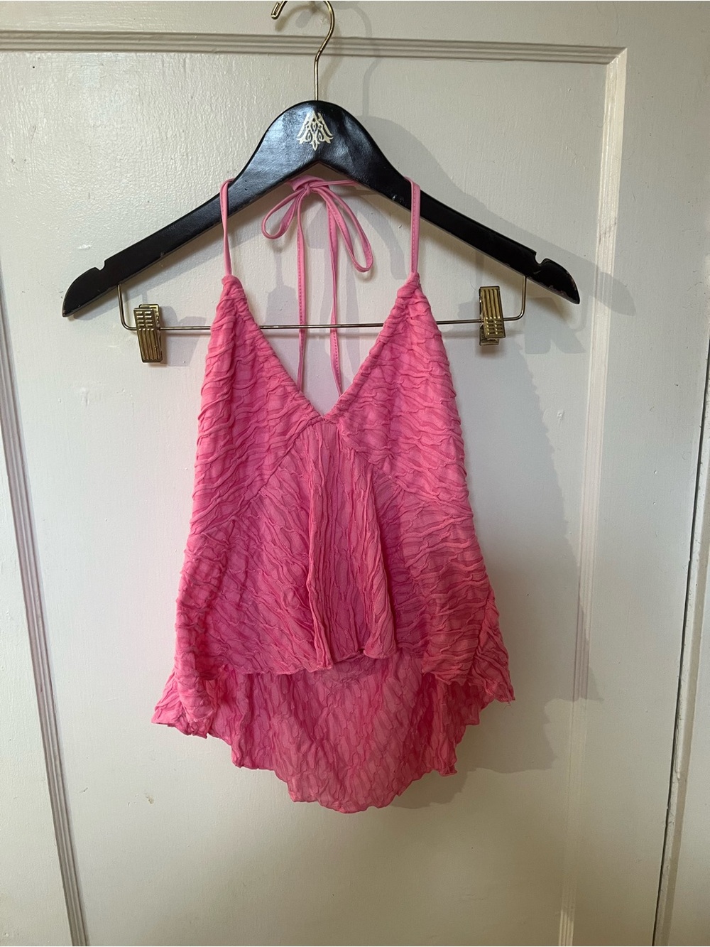 SHEIN Hot Pink Textured Crinkle Halter Neck Flared Babydoll Top Large EUC